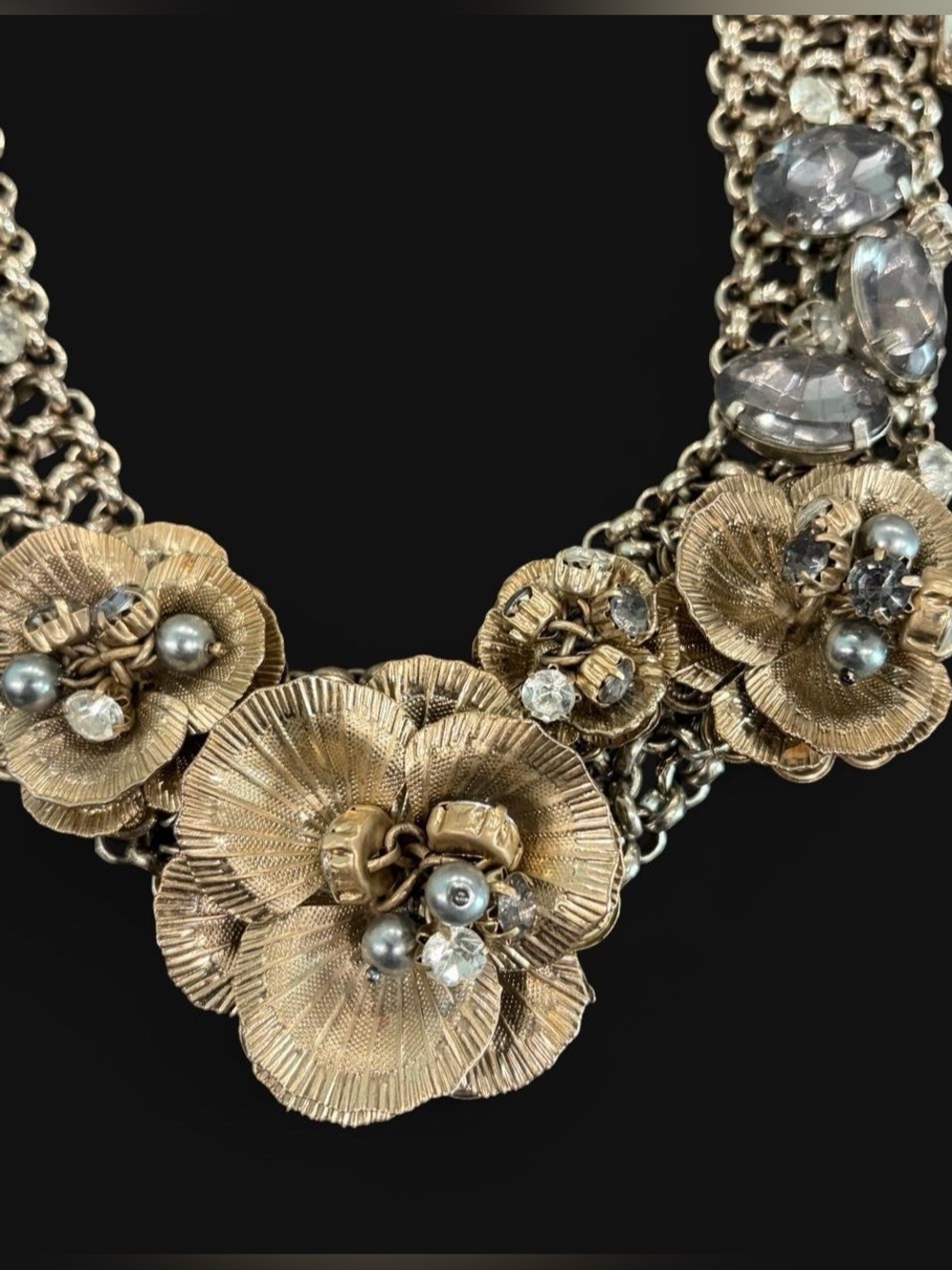 Vintage Ann Taylor Loft Flower Statement Necklace with Bib Crystal Accent chunky